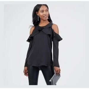 $78 BCBGeneration Black Satin Cold Shoulder Ruffle Neckline Blouse Small NEW